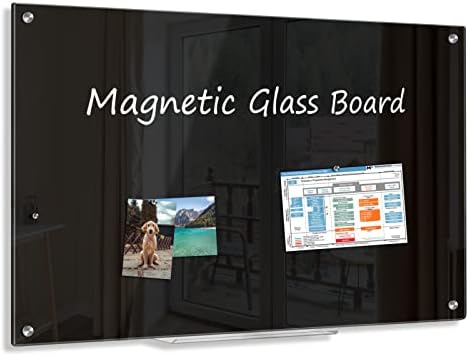 AMUSIGHT Glass Dry Erase Board, Magnetic Glass Board, 48'' x 36'' Large Frameless Glass Board for Wall with Pen Tray, Black
