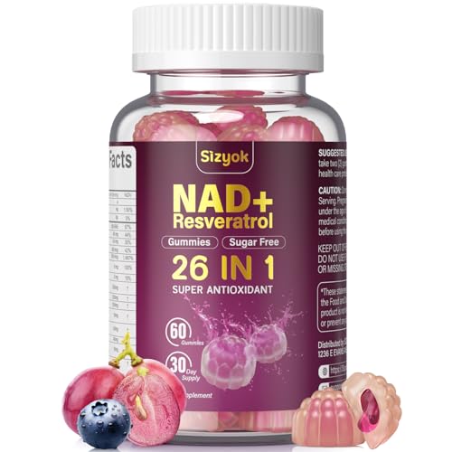 Sizyok NAD Resveratrol Gummies, NAD Supplements for Women with Hydrolyzed Collagen, Grape Seed, and D-Biotin Support Antioxidant Action, Anti-Aging, Cell Regeneration & Energy, Sugar-Free, 60 Gummies
