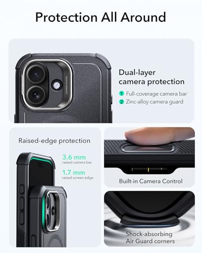 Image of ESR for iPhone 17 Phone Case with Stand, 23ft Military-Grade Drop Protection with Camera Control, Shock-Absorbing Rugged Cover, Compatible with MagSafe Accessories, Cyber Series, Black