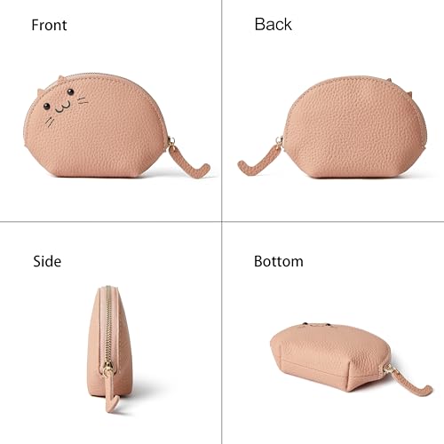 Image of Doris&Jacky Small Leather Coin Purse for Women, Mini Cat Coin Pouch And Animal Zipper Card Holder Wallet With Keychain (2-Light Pink)