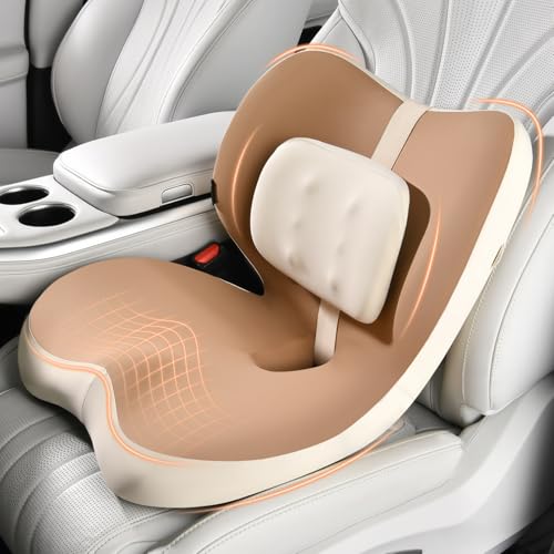 Image of FLORICH 2 in1 Truck Seat Cushion and Lumbar Support Pillow Memory Foam Car Seat Cushion with Adjustable Strap for Truck Driver Long Drives, Fits Semi Truck Seat,Car,Office&Gaming Chair(Light Brown)