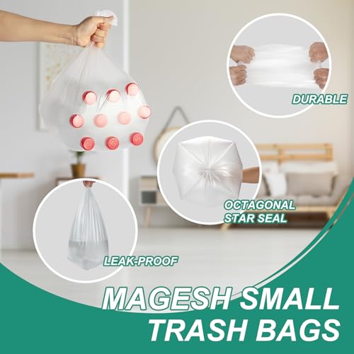 Image of Magesh 4-6 Gallon Trash Bag Strong, Leakage-Free, Small Garbage Bags Unscented Thick for Bathroom, Office, Kitchen Small Trash Can, 15L, 1000 Bags, Clear