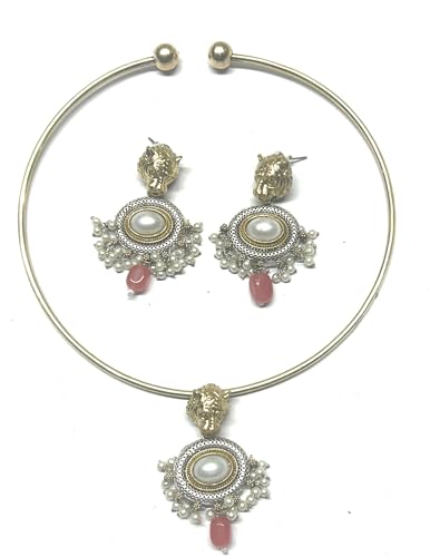 Image of Vintage Style Pearl Choker Necklace and Earrings Set, Two-Tone Metal with Pink Beads