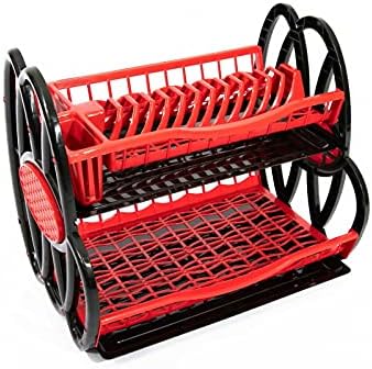 2 Tier Double Dish Drainer Rack Large Plate Cutlery Cup Holder Plastic Trays (Black and Red)