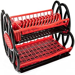 2 Tier Double Dish Drainer Rack Large Plate Cutlery Cup Holder Plastic Trays (Black and Red)