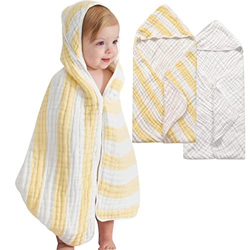 Image of HardNok Baby Towels with Hood, 9 Layers Natural Muslin Cotton Baby Bath Towels, 32 X 32 inches Soft and Comfortable Muslin Baby Towel for Newborn,Toddler,Boys,Girls (Yellow Striped)…