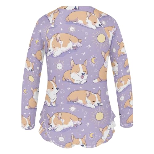 Cute Puppy Dog Pattern Girls Long Sleeve Swimsuit Rash Guard One Piece Bathing Suits Zipper 3-12T3