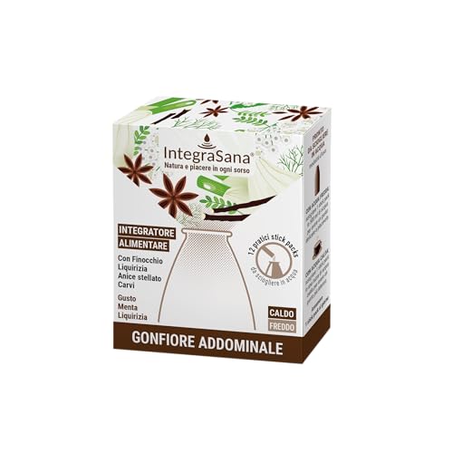 Integrasana - Integratore solubile, Favorisce l'eliminazione dei gas, Gusto Menta Liquirizia, Confezione da 12 stick da sciogliere in acqua fredda o calda, Senza zuccheri.