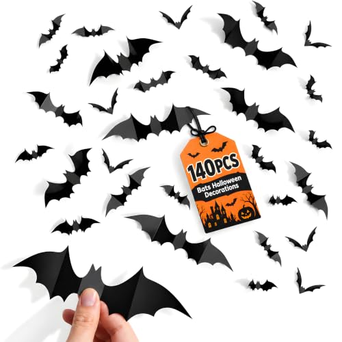 Cleangor 140 PCS Halloween Bat Decorations, 3D Wall Decor, 5 Sizes, Indoor