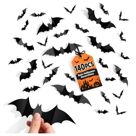 CLEANGOR 140Pcs Bats Halloween Decor, Spooky Halloween Party Supplies Stickers, 3D Bats Wall Decal, Cute Halloween Decorations Indoor for Bedroom, Bathroom, Home, Door, Window, Office