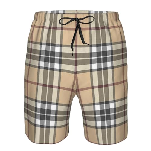 Beige Plaid Tartan Checkered Boardshorts Men's Casual Swim Trunks Quick Dry Drawstring Beach Swim Shorts4