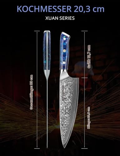 Foto von SANMUZUO Kochmesser - 20cm - Xuan Serie - VG10 Damaskus Stahl Küchenmesser - Harzgriff(Saphirblau)