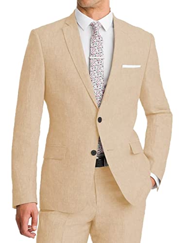 Men's 2 Piece Linen Suit Casual Slim Fit Suits for Men Blazer Pants for Men Wedding Formal Business