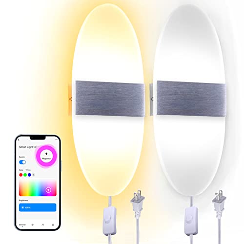 Mtanlo 2Pcs Rgb+Cct Wall Lamp, Wall Lights For Bedroom, 3000K-6000K Stepless Dimming Smart Wall Sconces With Bluetooth Control Hardwired Wall Mounted With 6Ft Plug In Cord And On/Off Switch #TOP23