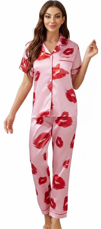 Image of Night Suit for Women with Full Sleeve Button-Down Top with Pant Dress for Woman,Night Dress for Woman, Two-Piece Loungewear Set