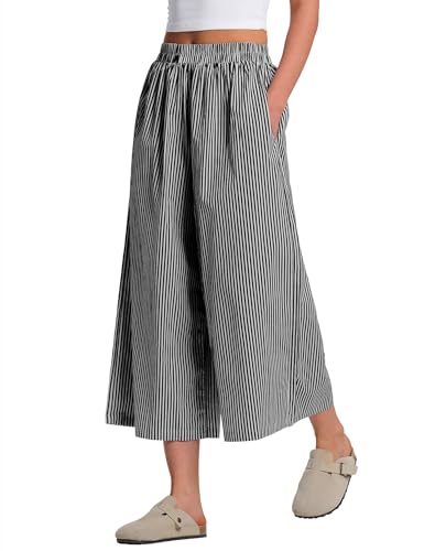Image of LOMON Womens Wide Leg Capri Pants Gingham Plaid Culottes Summer Elastic Waist Palazzo Trousers Bottoms with Pockets