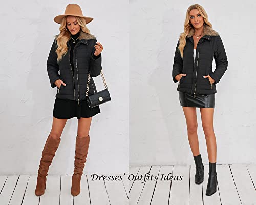 Luvamia Women Casual Warm Winter Faux Fur Quilted Parka Lapel Zip Pockets Jacket Puffer Coat Faux Fur Coat Black Size Medium #TOP2