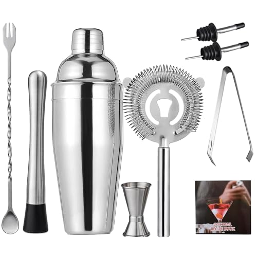 Cocktail Shaker Set Bartender Kit, Bar Tools Set with Martini Shaker (750ml), Muddler, Strainer, Jigger, Spoon & Recipe Book, Bartending Kit Drink Mixers for Home Bar, Parties and Gifts (9 Pcs)
