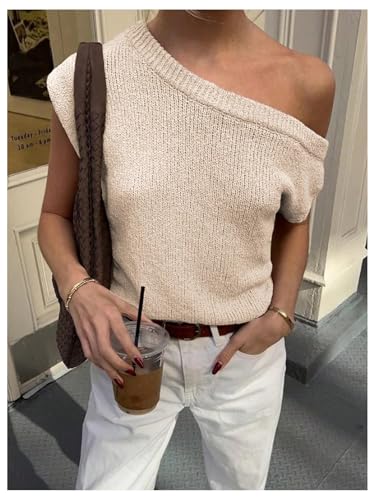 WDIRARA Women's One Shoulder Short Sleeve Sweater Asymmetrical Loose Knitted Top4