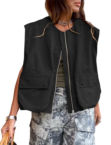 Womens Casual Zip Up Cargo Vest Top Oversized Lightweight Ruched Hem Sleeveless Blazer Jackets Vest Tops