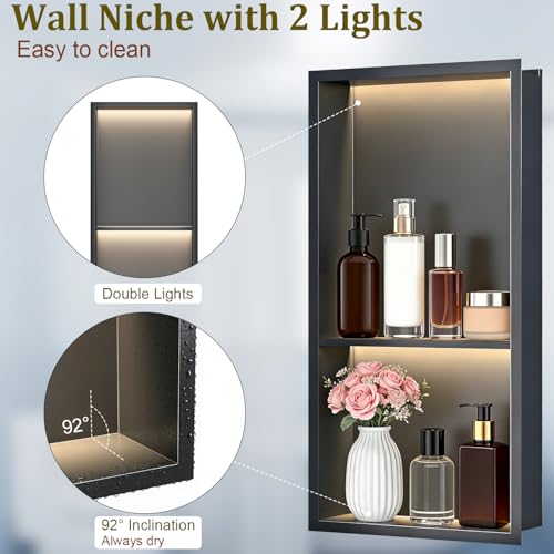 24x12 Inch Shower Niche with LED Light, No Tile Needed Black Stainless Steel Bathroom Niche for Wall, Kitchen, Medicine Cabinet Insert with 2 Built-in Illuminated Shelves 3000K Warm White, Rustproof by viechanro - Used condition - Image 6