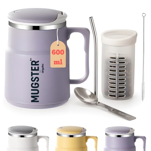 ANGAHE creating moments | Taza Termo para Café o Té Portátil 600ml, Sin BPA, Aluminio 304, Taza Reutilizable Viaje u Oficina | Mantiene Frío y Calor | Con Cuchara Plegable, Pajita aluminio. (MALVA)