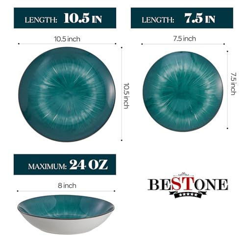 Image of Bestone 12 Piece Round Kitchen Dinnerware Sets,Plates and Bowls sets,Dishes, Plates, Bowls, Dish Set,Plates and Bowls,Service for 4, Chip Resistant Porcelain ,Starburst Turquoise Green