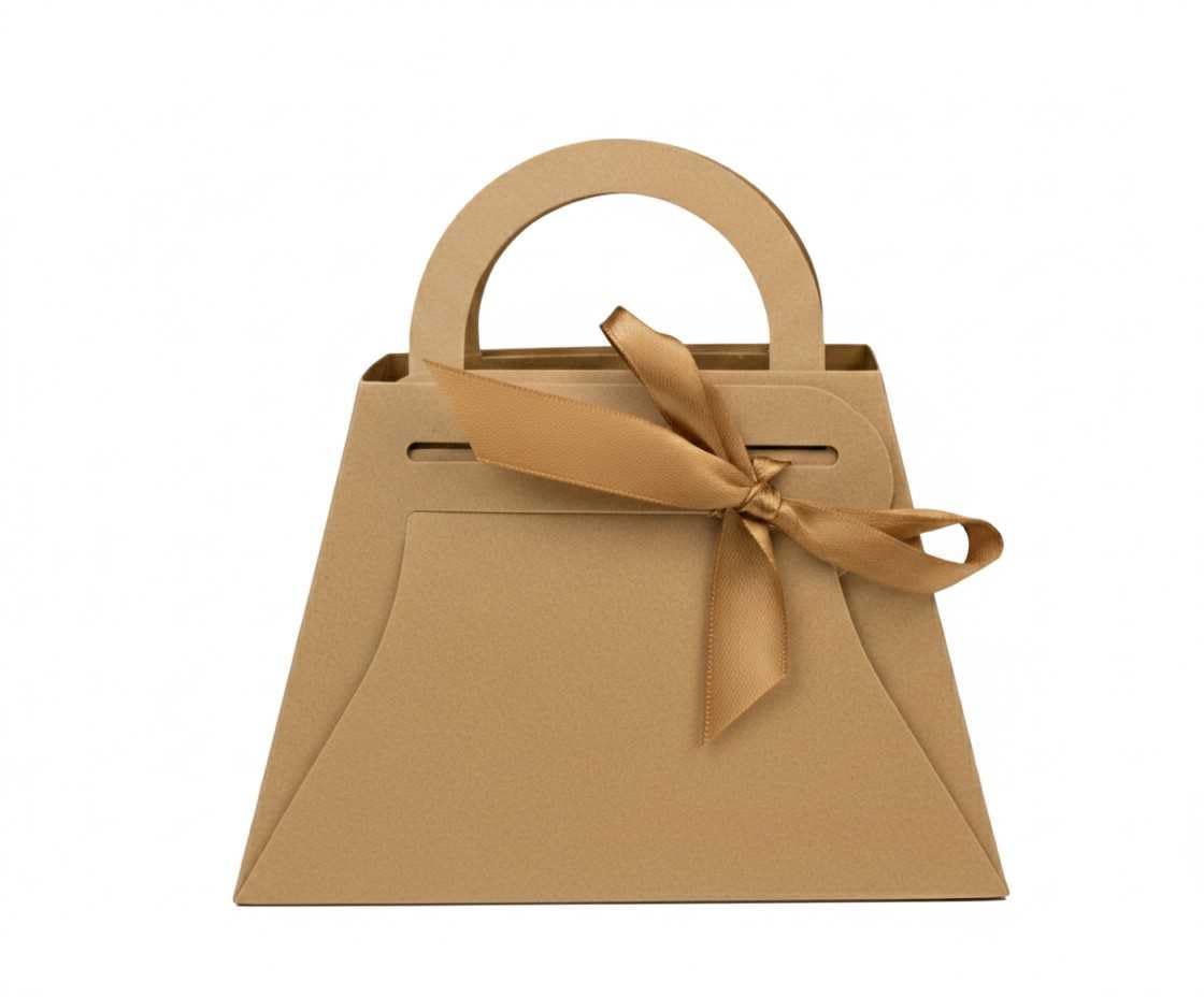 Emartbuy Brown Handbag-Style Gift Boxes with Ribbon – Kraft Purse Favor Boxes for Weddings, Birthdays & Parties – (12 × 8 × 6 cm) – Pack of 96