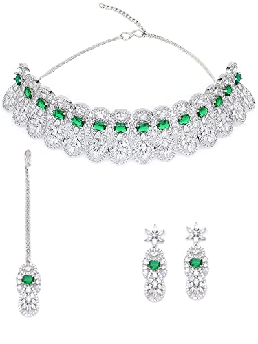 Image of Karatcart Silver Tone Green American Diamond Studded Necklace Set for Women