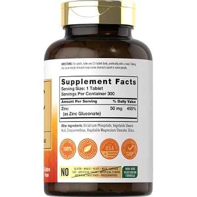 Carlyle Zinc 50mg | 300 Tablets | Vegetarian, Non-GMO, and Gluten Free Supplement | Zinc Gluconate | High Potency Formula