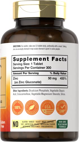 Zinc 50Mg | 300 Tablets | Vegetarian, Non-Gmo, And Gluten Free Supplement | Zinc Gluconate | High Potency Formula | By Carlyle #TOP1