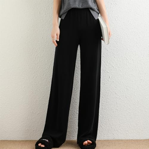Women's Summer 100% Merino Wool Wide Leg Pants Solid Elastic High Waist Knit Lounge Trousers Casual Lightweight2