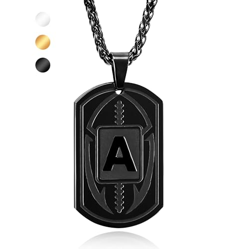 Fervia Football Initial Necklace for Men Boys Kids Teen Dog Tag Stainless Steel Black Letter Pendant Sport Football Athletes Jewelry Gifts for Men Boyfriend with 22+2 Inches Stainless Steel Chain(A)