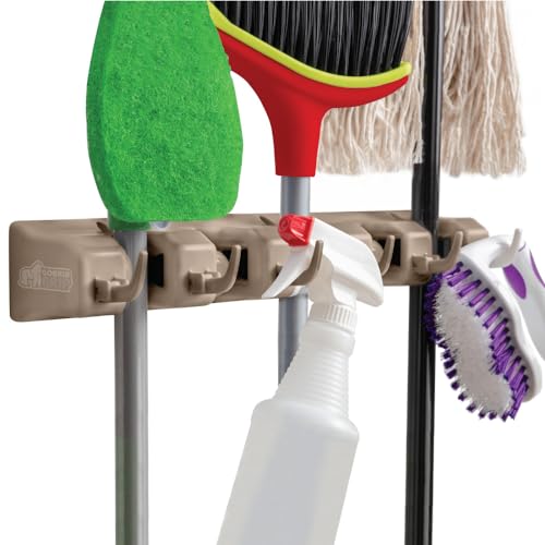 GORILLA GRIP Wall Mount Hook Fixture, Also Includes Slots to Hold Mop, Broom, Tools, Easy Install, Organize Cleaners, Tools, Home, Kitchen, Garage, 6 Hooks 5 Slots, Beige