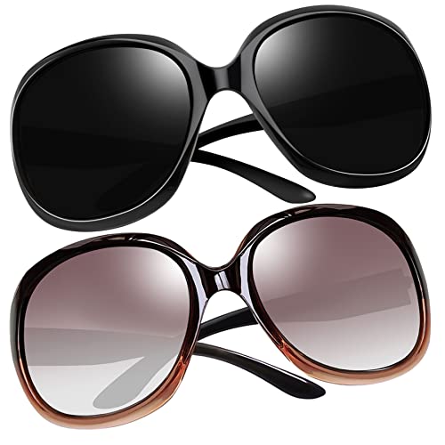 Oversized Womens Sunglasses, Trendy Designer Ladies Big Sun Glasses Polarized UV Protection, Retro Jackie Ohh Shades for Women, Large Chunky Sunnies Sensitive Eyes (All Black + Gradient Brown)