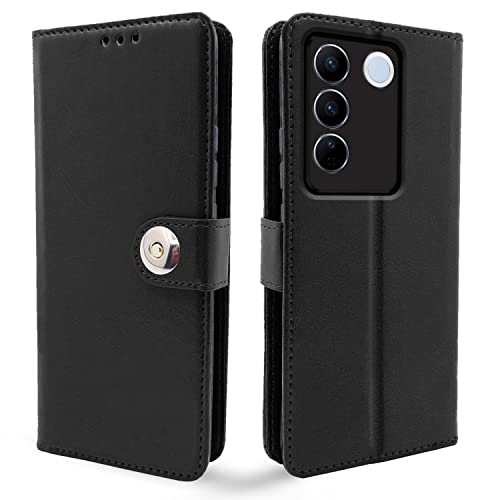 Image of Pikkme Vivo V27 / V27 Pro 5G Flip Cover Leather Finish | Inside TPU with Card Pockets | Wallet Stand and Shock Proof | Complete Protection Button Flip Case (Black)
