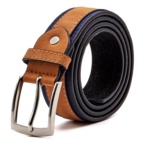 Image of Woodland Leathers Dual-tone Leather Belts For Men - Versatile Brown & Black Mens Belts, Scratch-resistant Buckle Leather Belts For Men, Black Belt for Jeans (Navy Tan, Medium (32"-35"))