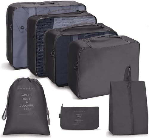 Image of Nylon 7 Pcs Travel Organizer Pouch Packing Cubes For Travel Clothes Space Savers Bags Cosmetics /Underwear /Socks /Shoes Toiletry Organiser Pouch (Black)