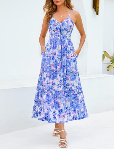 Image of Kranda Women 2026 Summer Sundress High Waist Tie Front Spaghetti Strap Long Beach Floral Tiered Maxi Dress with Pockets