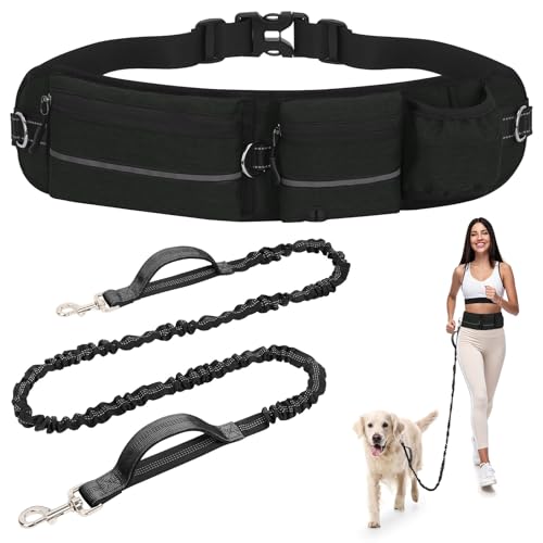 Faneam Joggingleine Hunde mit Bauchgurt Hüfttasche, Freihandleine für Große und Mittelgroße Hunde, Elastische Laufleine mit Doppelgriff 150-220cm, Reflektierende Hundeleine zum Joggen, Schwarz