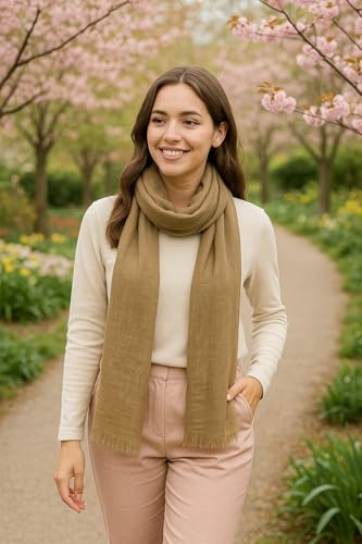 Lightweight Merino Wool Spring Scarf for Women – Soft Khaki Shawl Wrap 70x180 cm – Breathable, Elegant Travel Accessory for Cool Evenings3