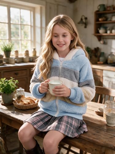 Image of Girls Fleece Jackets Kids Sherpa Fuzzy Zip up Hoodie Fall Winter Contrast color Pullover Sweatshirt 4-12 Years