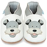 Juicy Bumbles - Weicher Leder Lauflernschuhe Krabbelschuhe Babyhausschuhe mit Wildledersohlen. Junge Mädchen Kleinkind- Gr. 12-18 Monate (Größe 22/23)- Duky Hund