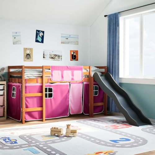 LLEZKBR Camas y accesorios-Camas y marcos de cama-Cama para niños Loft con cortinas rosa 90x190 cm madera maciza de pino