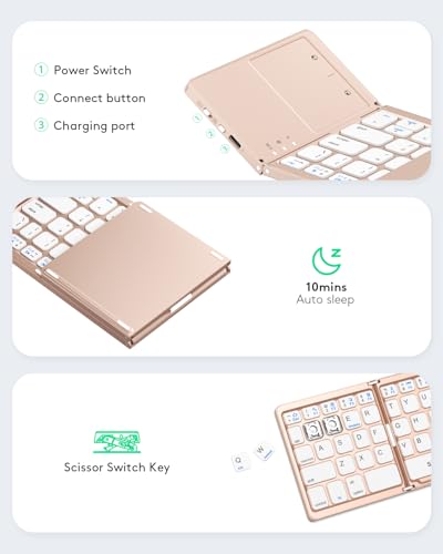 Image of Samsers Foldable Bluetooth Keyboard with Touchpad, Ultra Slim Compact, Pink | Multi-touch Trackpad, Full Size, Phone Holder, USB-C Charging, 1 Device, for Android Windows iOS Mac OS, Mobile Productivity