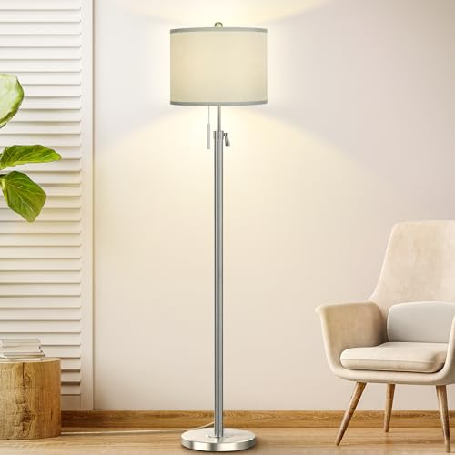 Brushed Nickel Floor Lamp for Living Room, Adjustable Height Standing Lamp with Metal Base, Tall Pole Light with Grey Shade for Bedroom, 8W 4000K 3-Way LED Bulb Included (Brushed Nickel, Grey Shade)