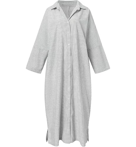 Image of ebossy Women's Oversized Boho Striped Shirt Dress Button Up Long Sleeve Flowy A Line Caftan Dress with Pockets