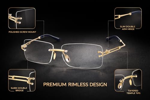 Image of FAVELA Premium Rimless Rectangular Sunglasses for Men & Women | Gold Tinted Luxury Eyewear | Lightweight Metal Frame | UV400 Protected Stylish Goggles | Medium Size