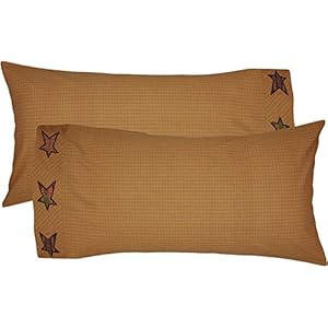 Vhc brands stratton star cotton primitive bedding appliqued king pillow case set of 2 dark khaki tan  urban country home decor