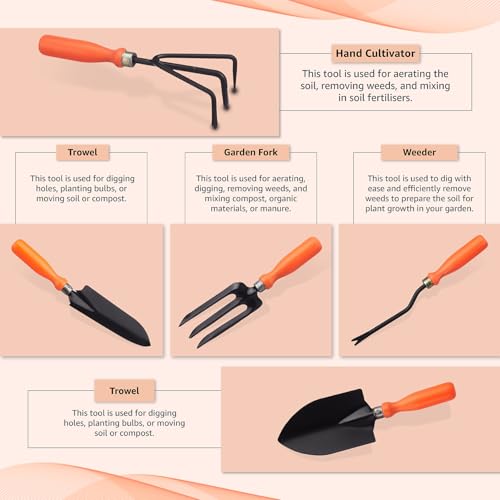 Image of Amazon Brand - Solimo 5-Piece Gardening Tool Kit | Hand Cultivator, Hand Fork, Large & Small Trowels, Weeder | Gardening Tools Set for Home Gardens | Great for Gifting